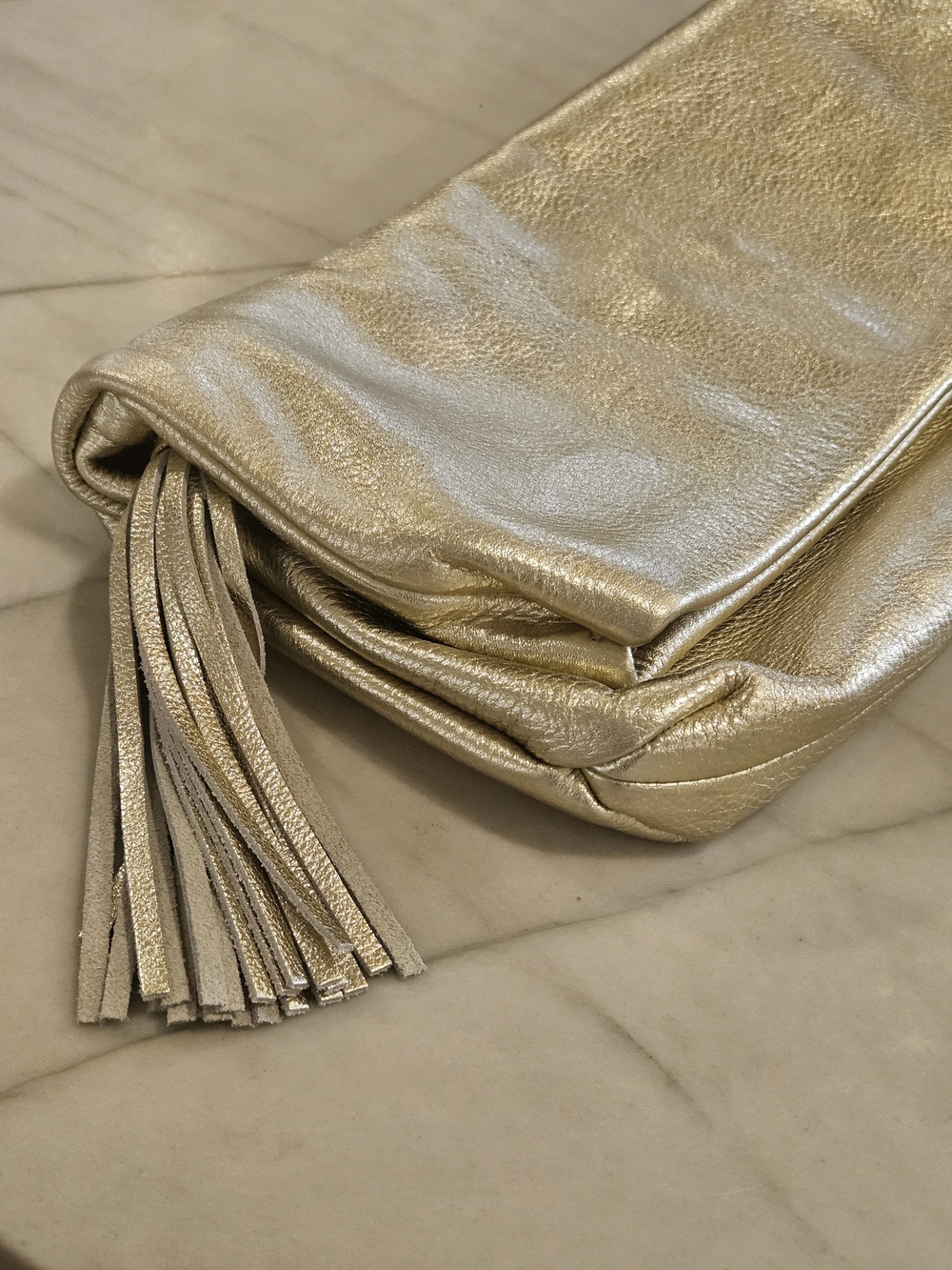 J.Crew Metallic Gold Leather Foldover Clutch Bag with Tassel